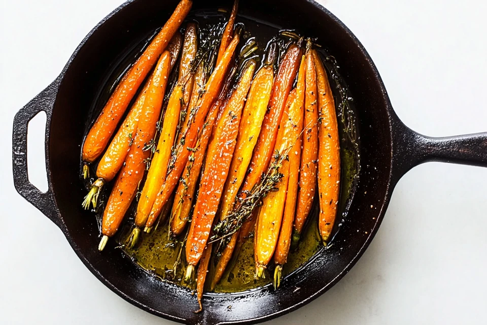 Brown sugar glazed carrots caramelized in a cast iron skillet with herbs