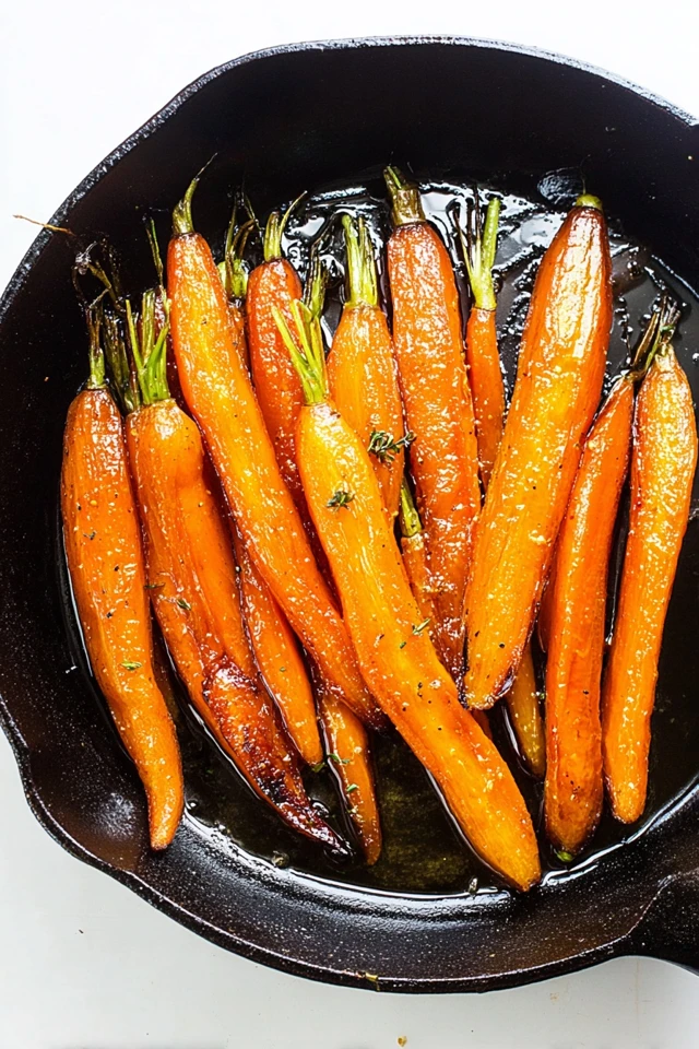 Whole brown sugar glazed carrots caramelized in a cast iron skillet