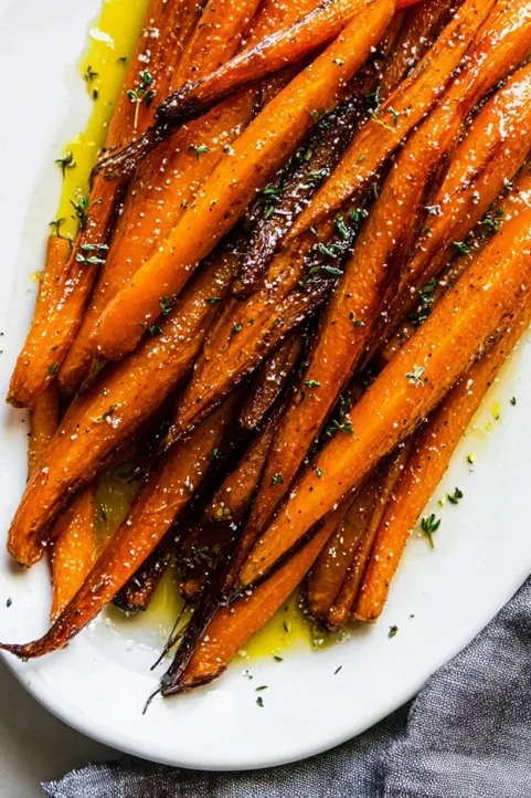 Brown sugar glazed carrots with a glossy caramelized glaze served on a white platter