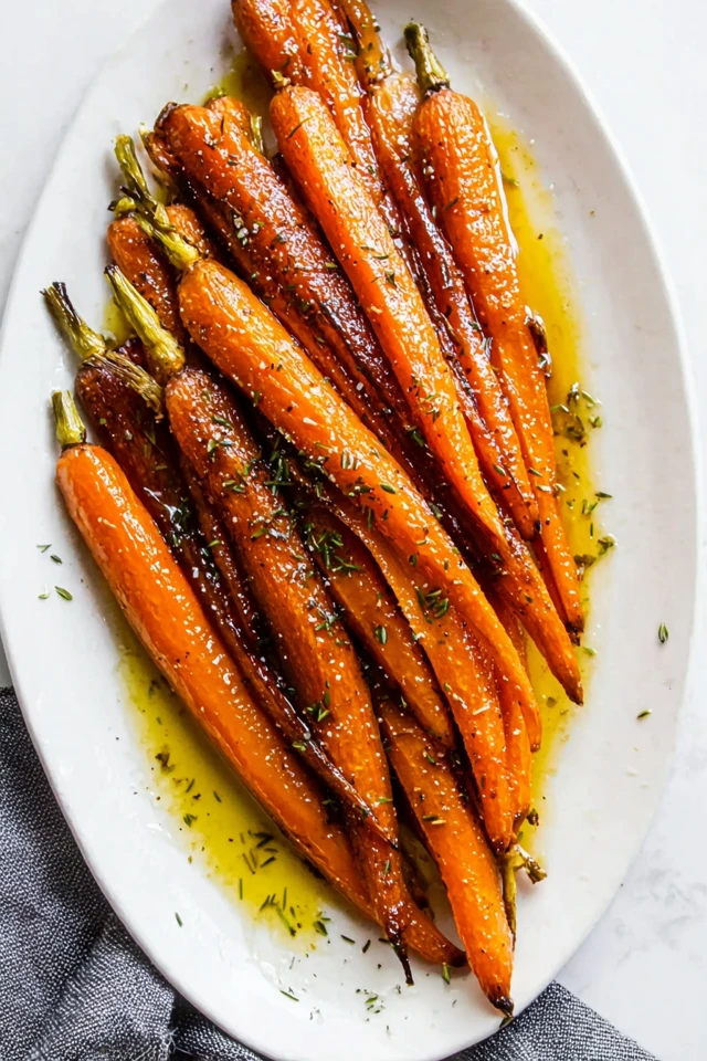 Brown sugar glazed carrots served on a white platter with a glossy caramelized glaze and herbs