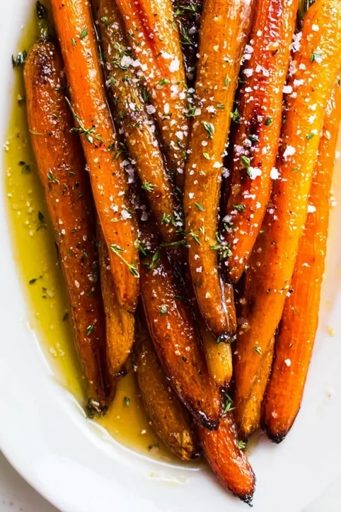 Brown sugar glazed carrots with a glossy caramelized glaze, herbs, and flaky salt on a white platter
