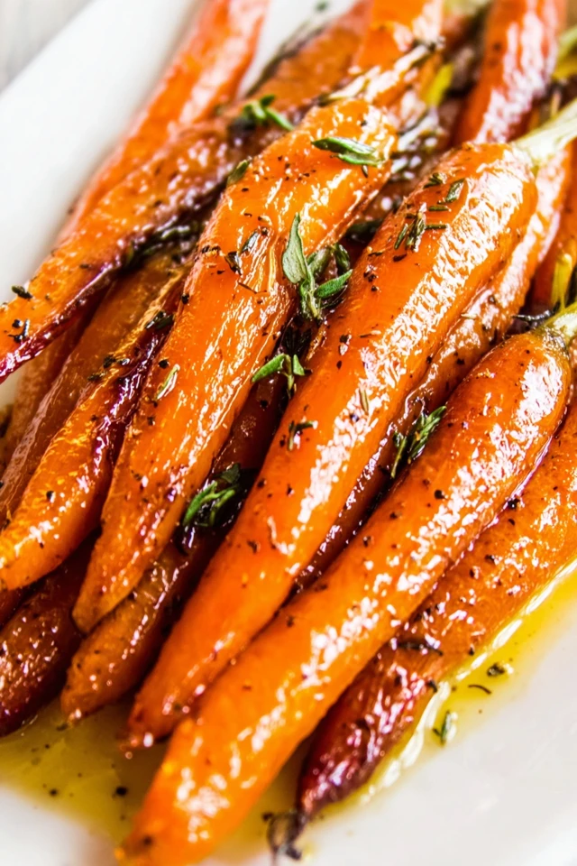 Brown sugar glazed carrots with a glossy caramelized glaze and fresh herbs