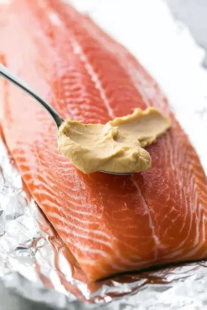 Spreading butter over raw salmon fillet as a base for Parmesan crust
