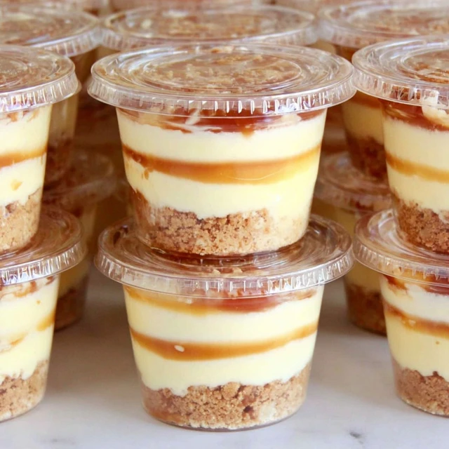 Caramel apple dessert cups with creamy layers, caramel drizzle, and a cookie crumb base in clear individual cups