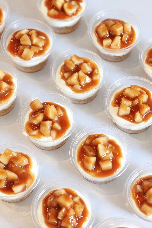 Caramel apple dessert cups topped with diced apples and caramel sauce in small clear cups