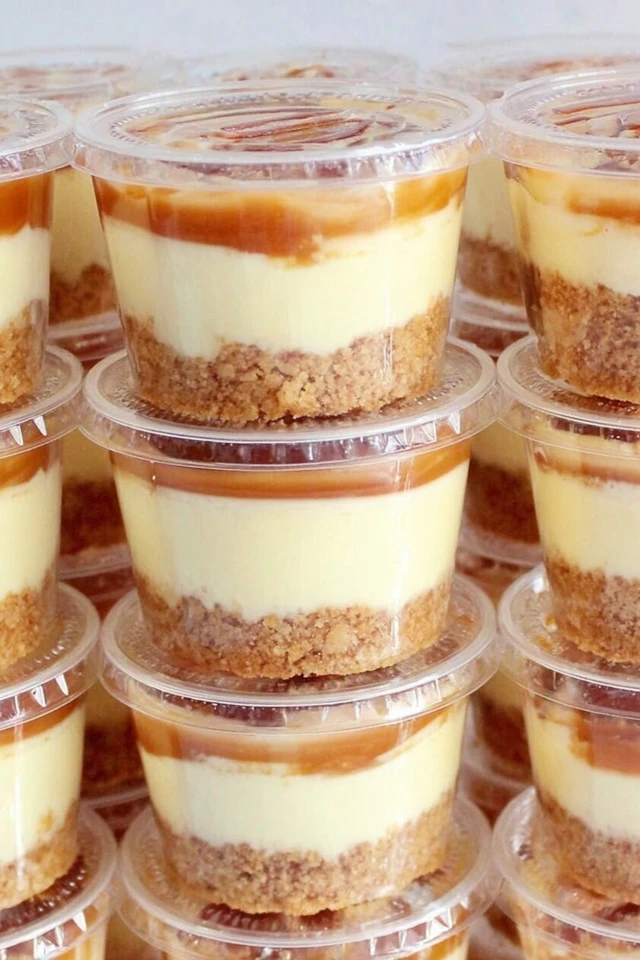 Caramel apple dessert cups stacked in clear plastic containers with creamy filling, caramel topping, and a crumb base