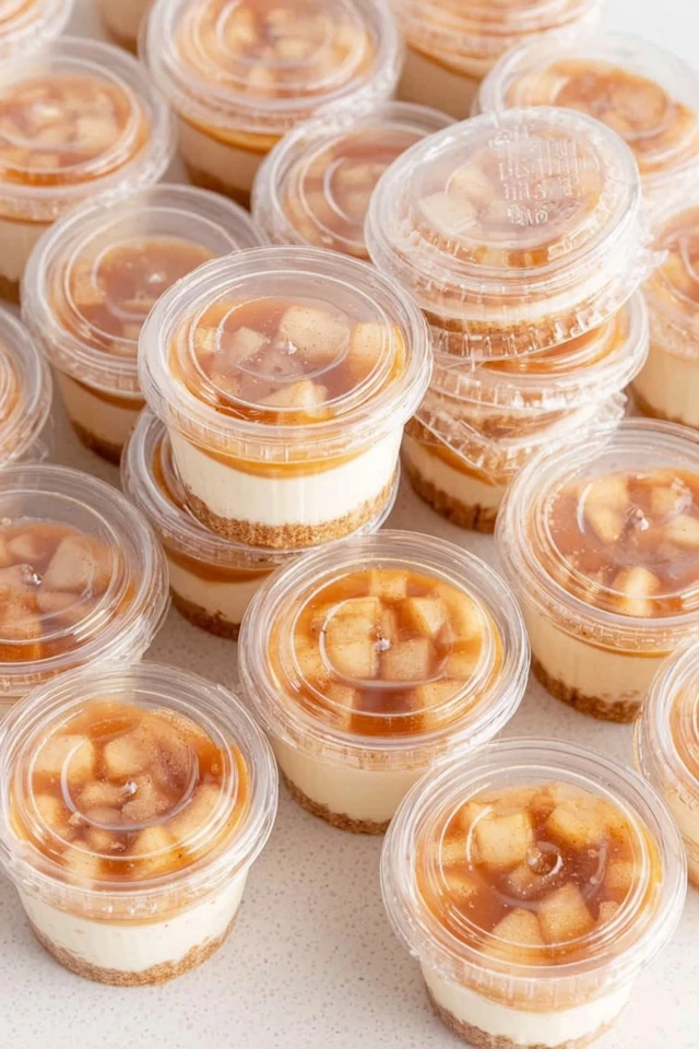 Caramel apple dessert cups with lids, layered with creamy filling, apple topping, and a crumb base