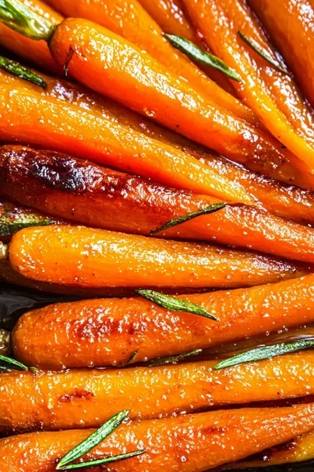 Caramelized brown sugar glazed carrots with a glossy butter glaze in a skillet