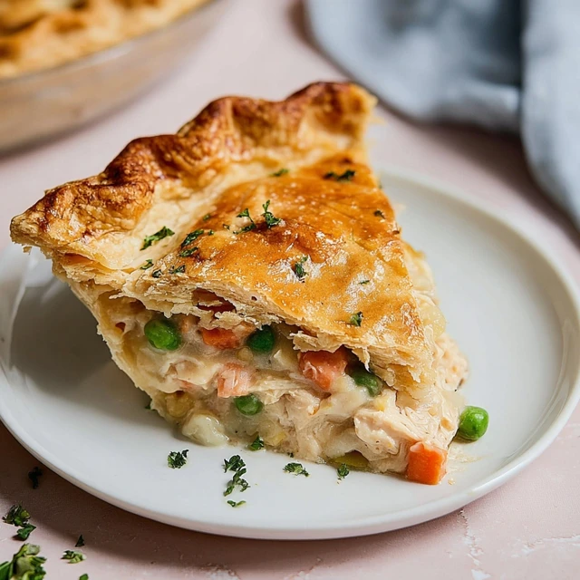 Slice of homemade chicken pot pie with creamy chicken and vegetables in a flaky golden crust on a white plate