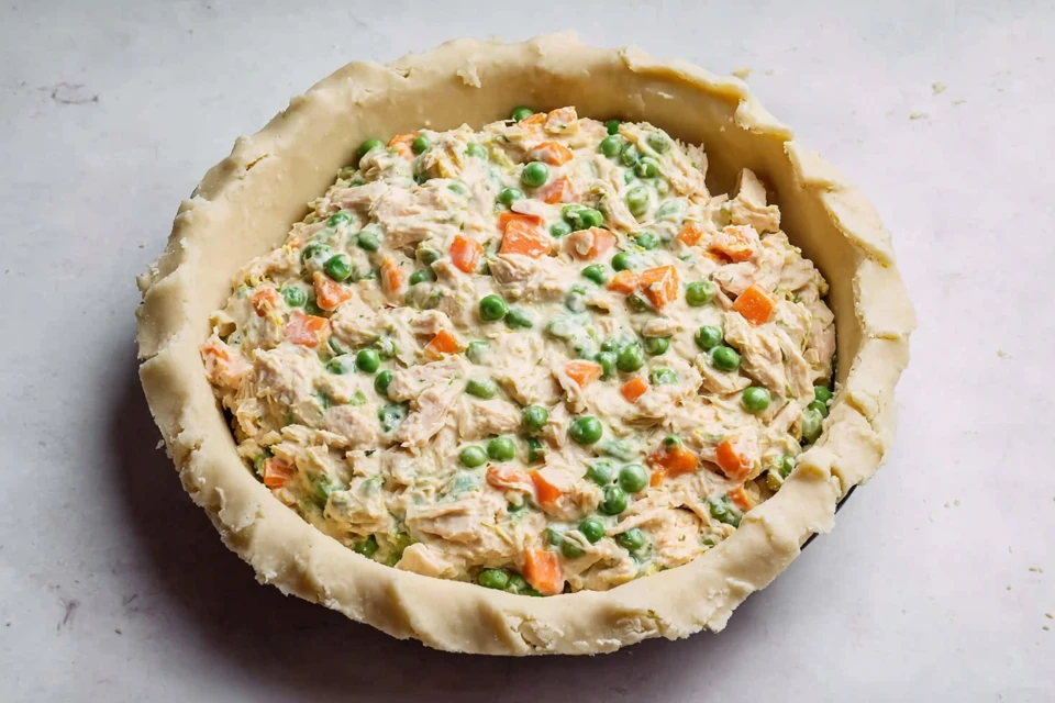 Chicken pot pie filling with shredded chicken, peas, and carrots added to an unbaked pie crust
