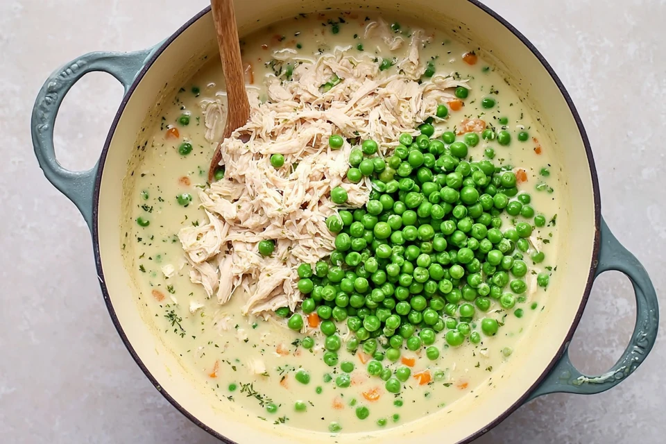 Shredded chicken and peas being added to a creamy pot for homemade chicken pot pie filling
