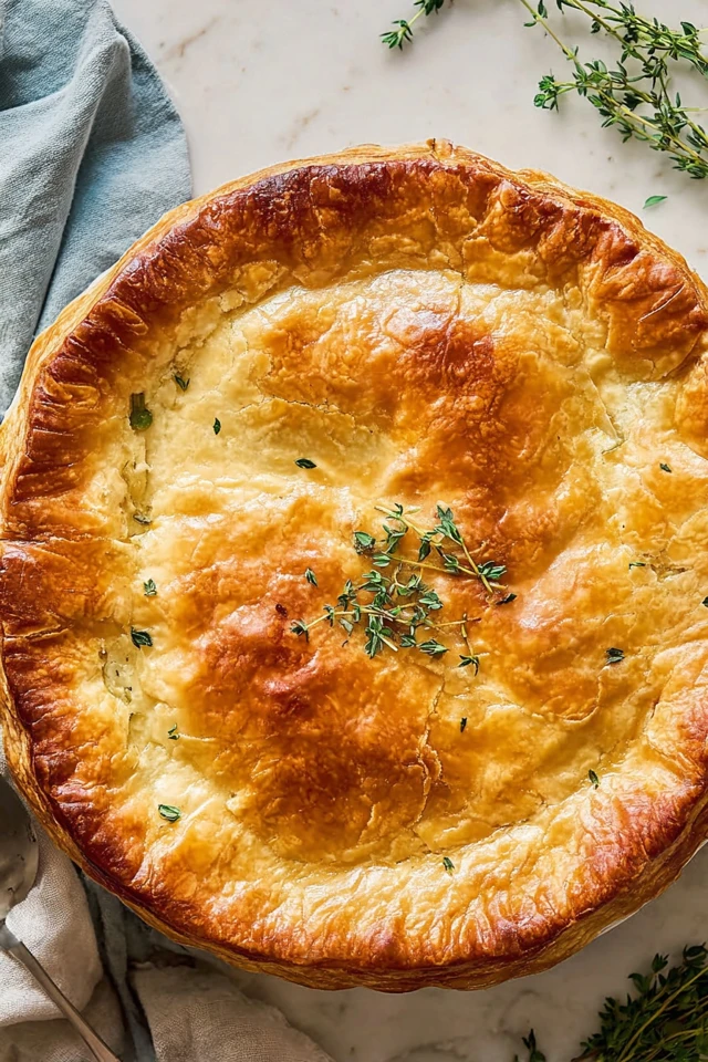Golden baked chicken pot pie with a flaky pastry crust garnished with fresh thyme
