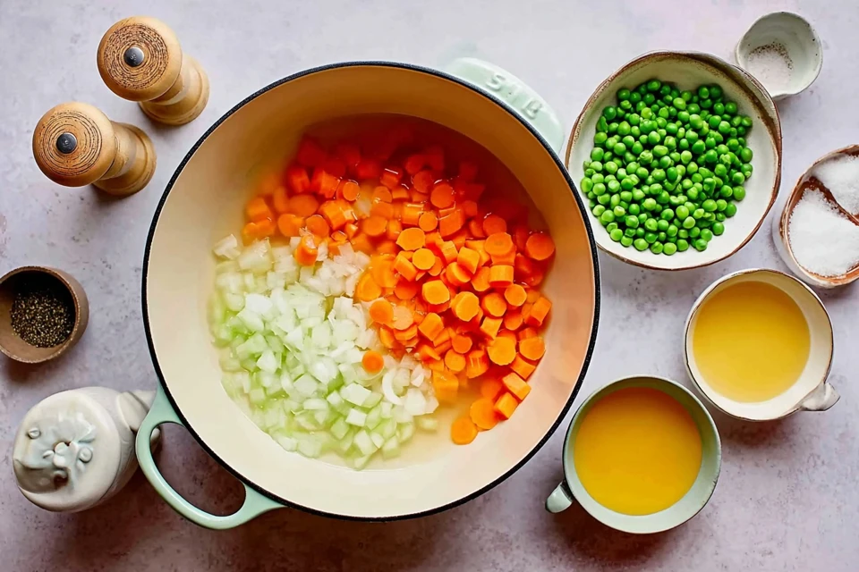 Chopped carrots, onions, and peas in a pot with broth and seasonings prepared for homemade chicken pot pie
