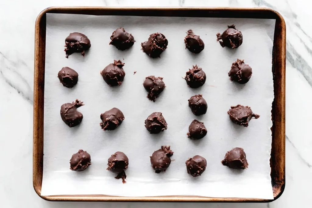 Scoops of chilled chocolate ganache arranged on a parchment-lined baking sheet, showing the step before rolling homemade chocolate truffles.