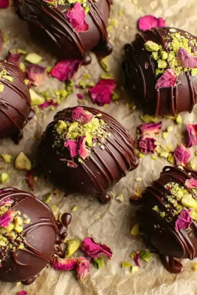 Chocolate pistachio truffles drizzled with chocolate and topped with chopped pistachios and dried rose petals