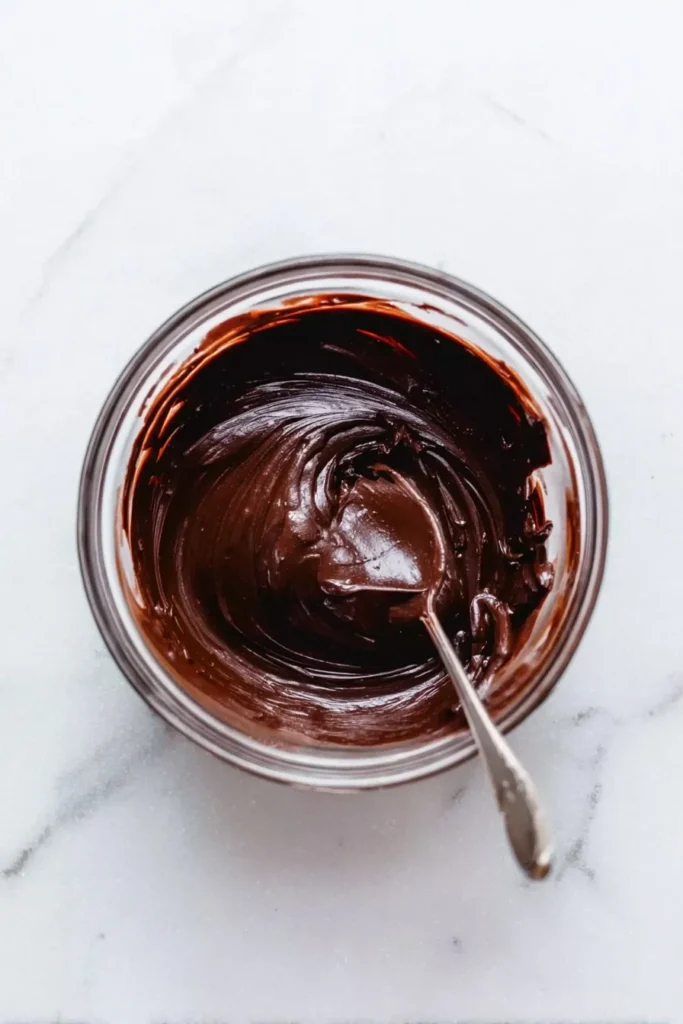 Bowl of smooth melted chocolate ganache with a spoon, used as the base for an easy homemade chocolate truffles recipe.