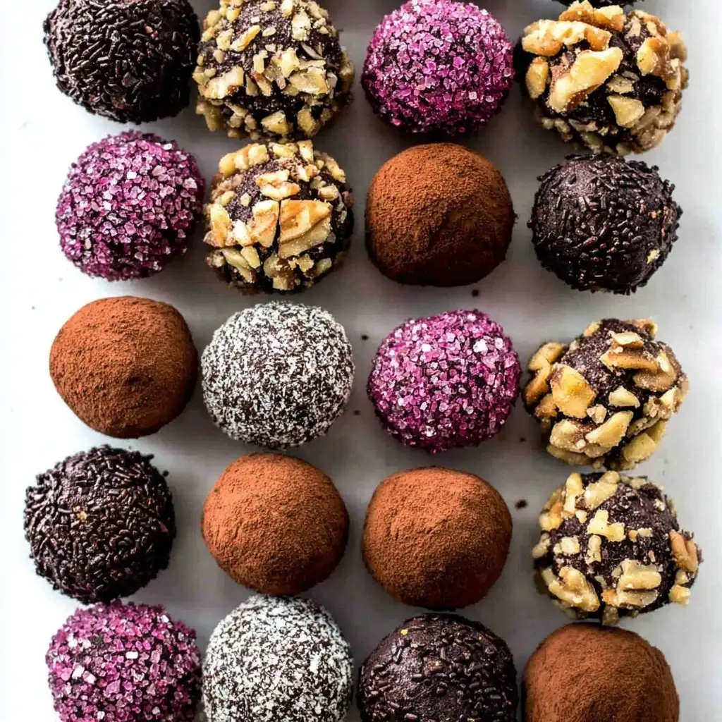 Top view of assorted homemade chocolate truffles arranged in a grid, coated in cocoa powder, nuts, sprinkles, and sugar crystals for an easy chocolate truffles recipe.