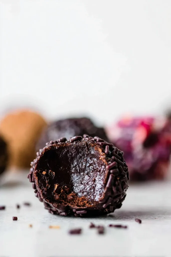 Close-up of a homemade chocolate truffle with a smooth, creamy ganache center and chocolate sprinkles, perfect for an easy chocolate truffles recipe.