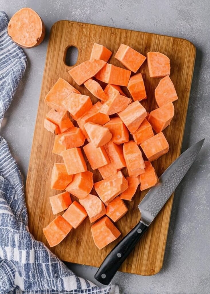 Peeled and chopped sweet potatoes on a wooden cutting board with a knife, ready to cook for sweet potato casserole