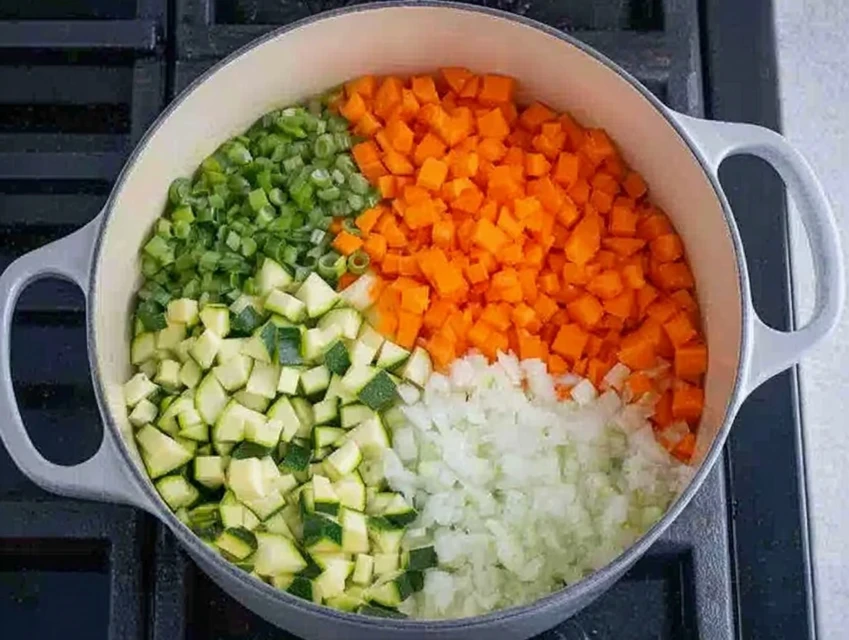 Chopped carrots, zucchini, onion, and green beans cooking in a pot for homemade minestrone soup