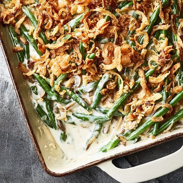 Classic green bean casserole with creamy sauce, tender green beans, and crispy fried onion topping in a baking dish.