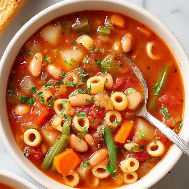Close-up of classic minestrone soup with beans, vegetables, and small pasta in a white bowl