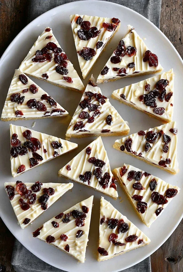 Cranberry bliss bars sliced into triangles on a white plate, topped with cream cheese frosting, white chocolate drizzle, and dried cranberries