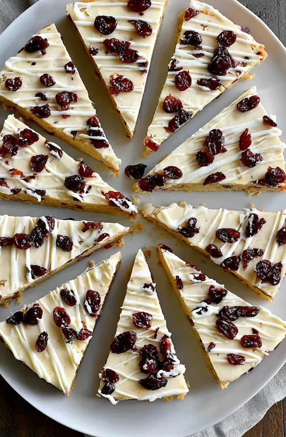Cranberry bliss bars cut into triangular slices on a plate, topped with cream cheese frosting, white chocolate drizzle, and dried cranberries