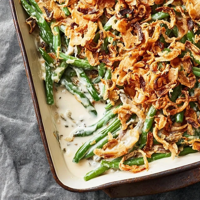 Creamy green bean casserole with tender green beans and crispy fried onion topping baked in a casserole dish.