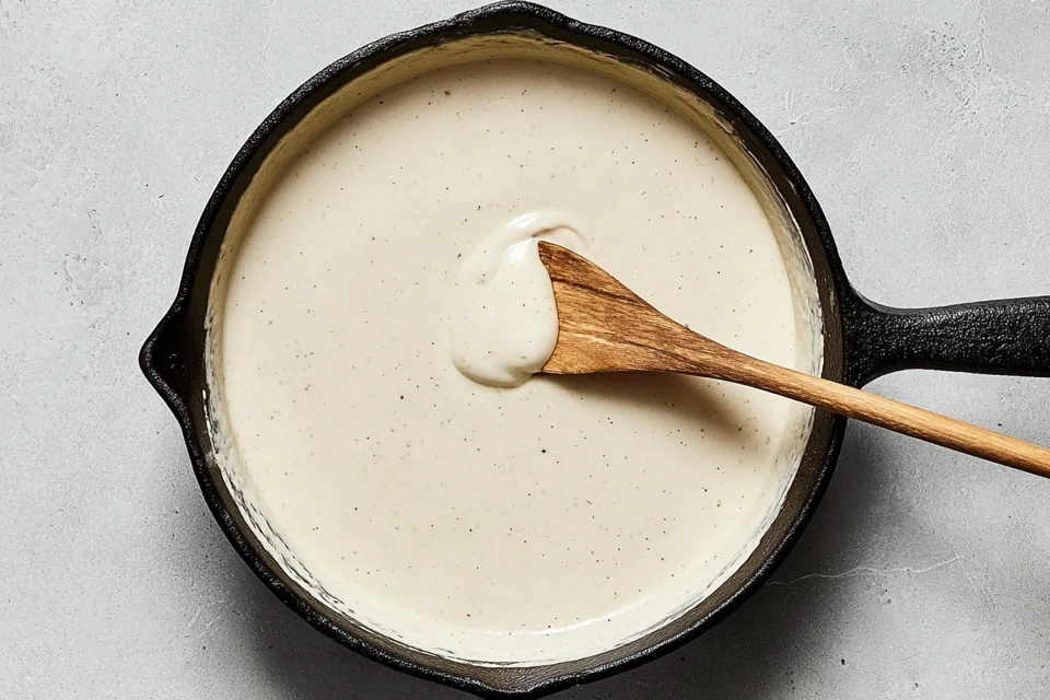 Creamy homemade sauce stirred in a skillet, ready to use for a classic green bean casserole recipe.