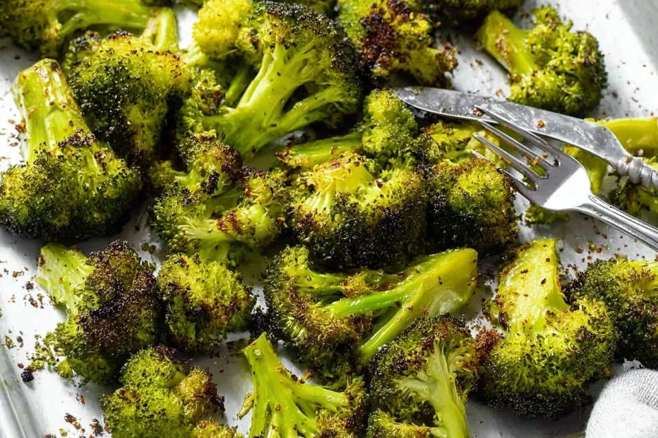 Crispy parmesan-roasted broccoli florets with golden edges on a baking tray, ready to serve