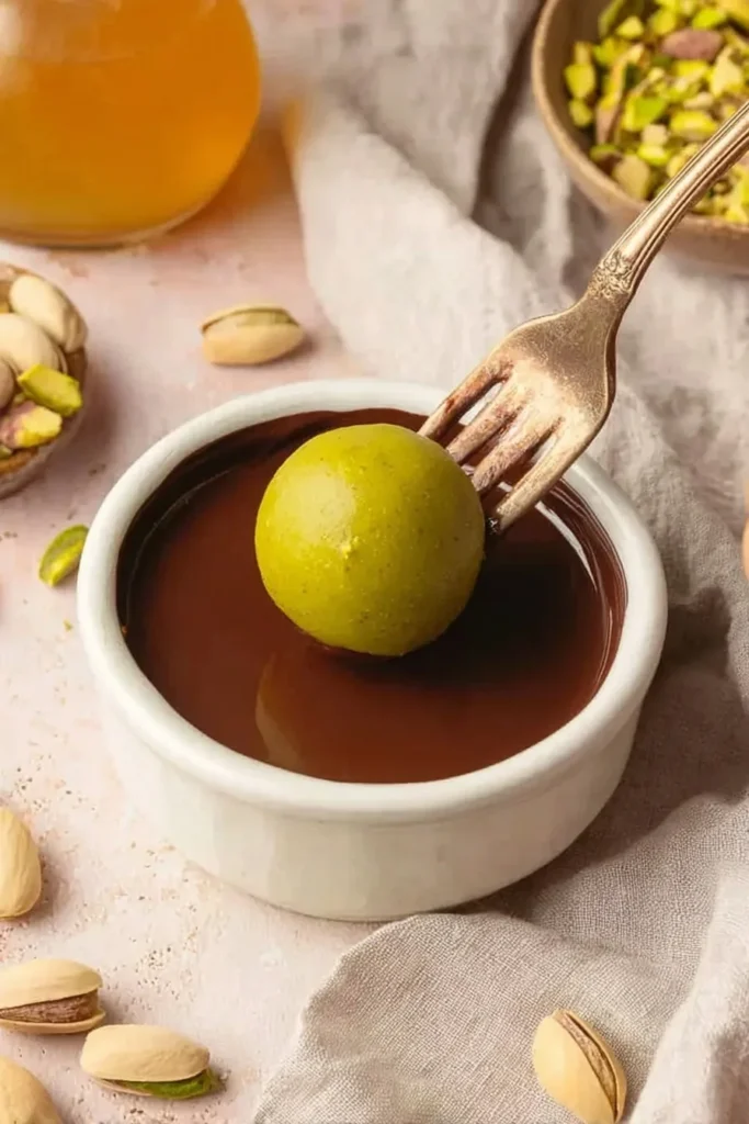 Pistachio truffle ball dipped in melted chocolate for coating