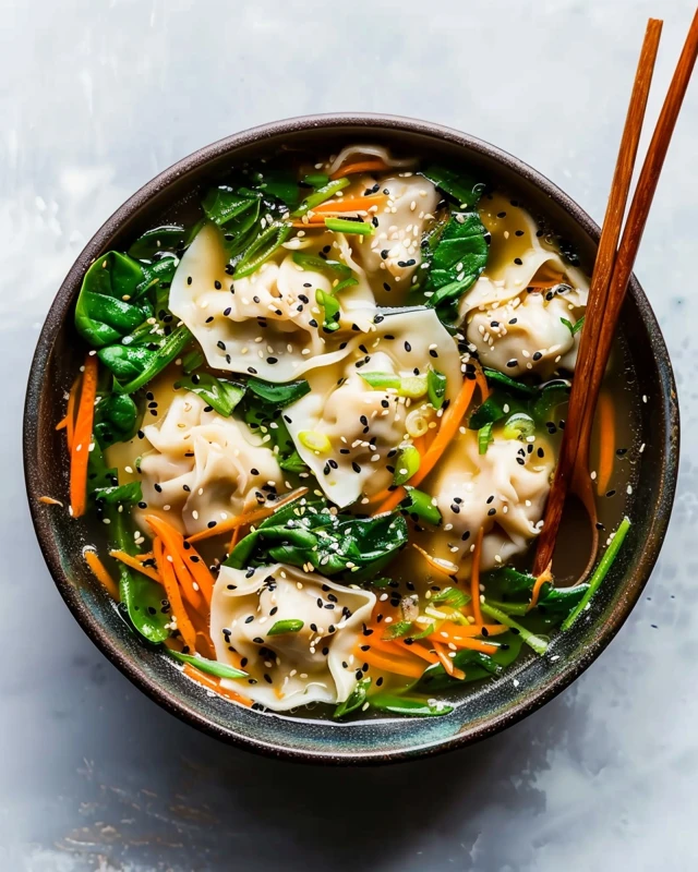 Homemade dumpling soup with tender dumplings, leafy greens, carrot strips, green onions, and sesame seeds in a clear savory broth