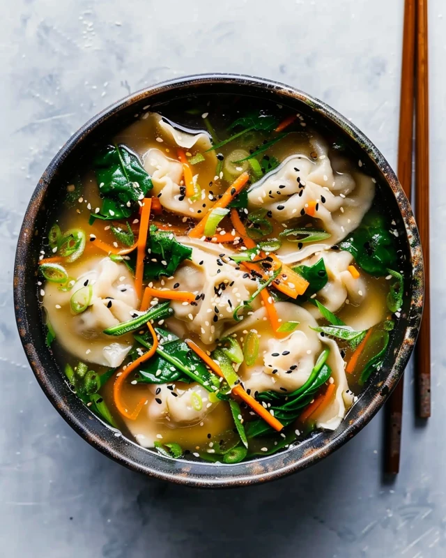 Homemade dumpling soup with tender dumplings, leafy greens, carrot strips, green onions, and sesame seeds in a clear savory broth