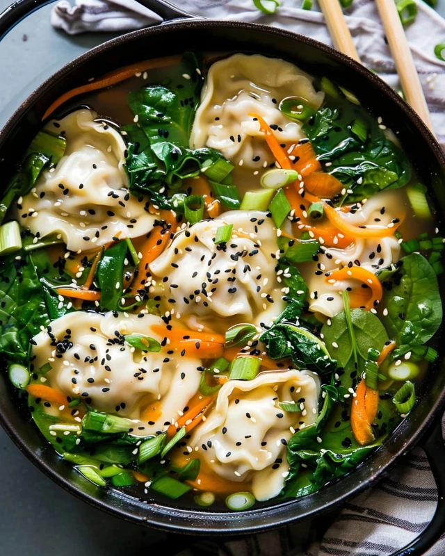 Homemade dumpling soup with tender dumplings, spinach, carrots, green onions, and sesame seeds in a clear savory broth