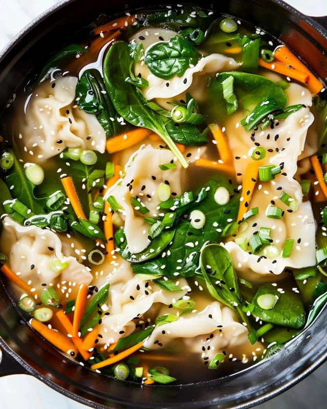Homemade dumpling soup with tender dumplings, spinach, carrots, green onions, and sesame seeds in a clear savory broth