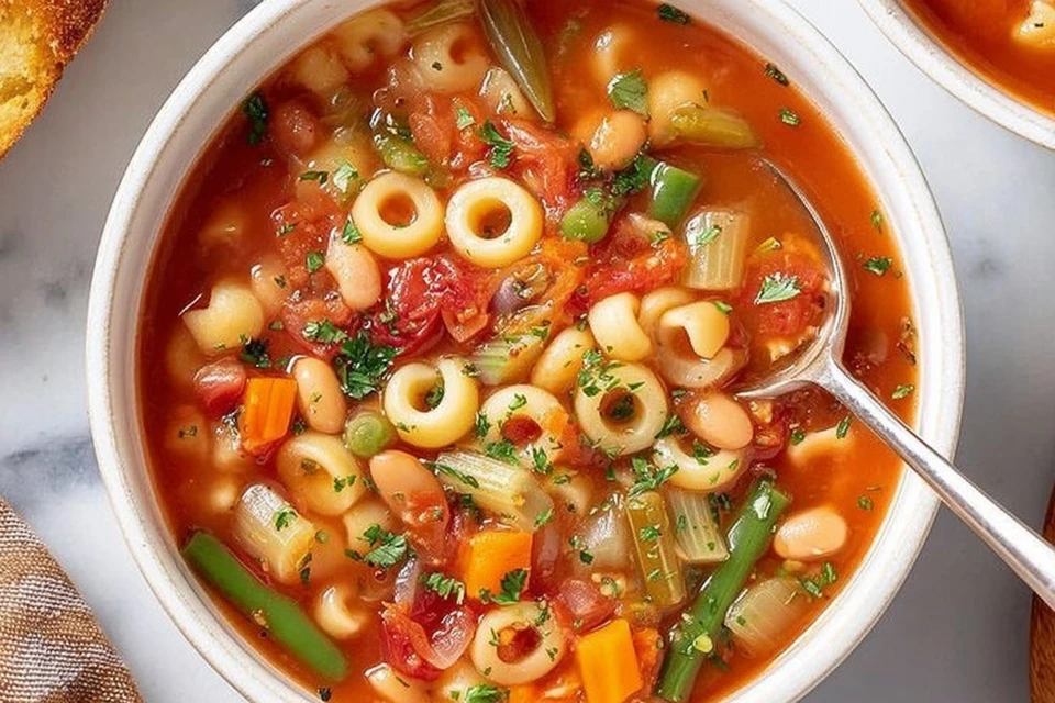 Close-up of homemade minestrone soup with beans, vegetables, and small pasta in a white bowl