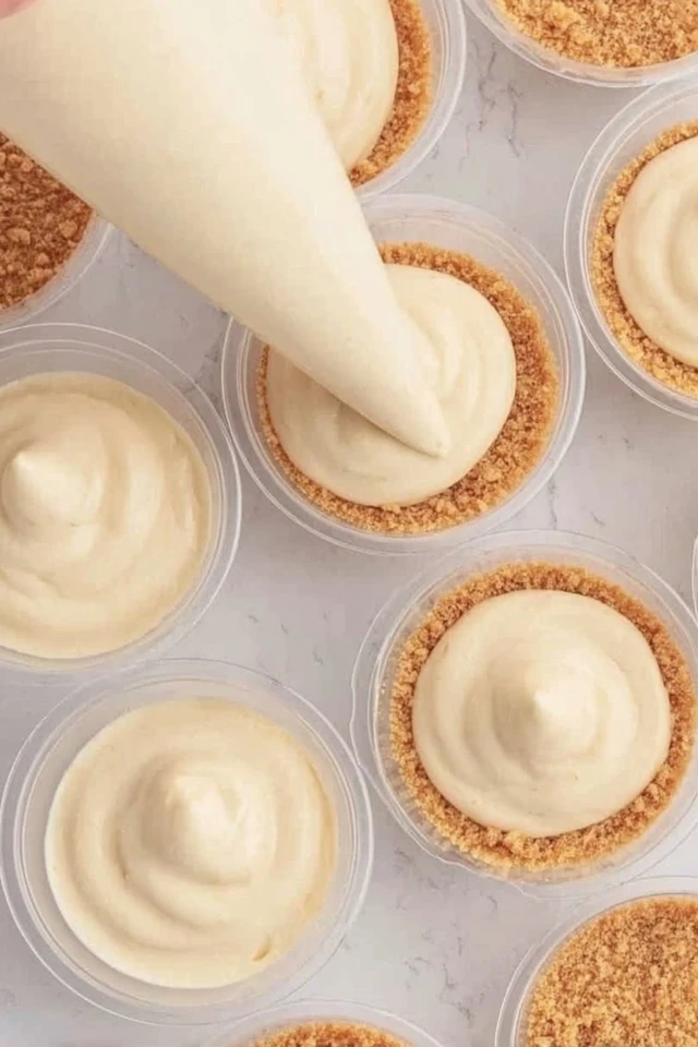 Piping creamy filling into caramel apple dessert cups over a cookie crumb base in clear plastic cups
