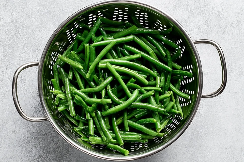 Fresh green beans drained in a colander, ready to use for a classic green bean casserole recipe.