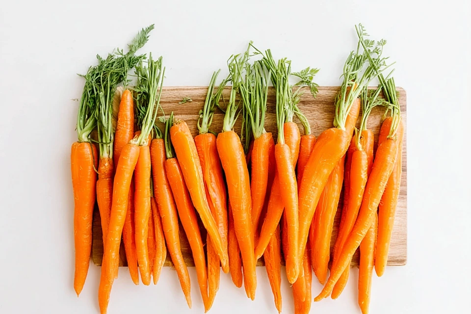Fresh raw carrots with green tops arranged on a wooden cutting board