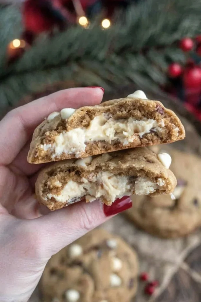 A hand holding a gingerbread cookie broken in half, showing a creamy cheesecake-style filling inside.