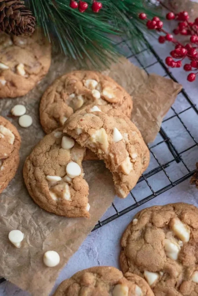 Gingerbread Cheesecake Cookies with white chocolate chips on a cooling rack.
