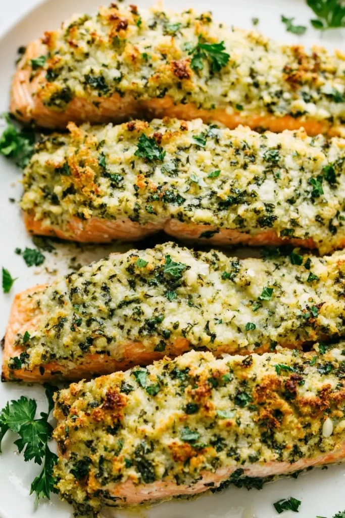 Golden Parmesan crusted salmon fillets baked with herbs and garlic on a serving plate