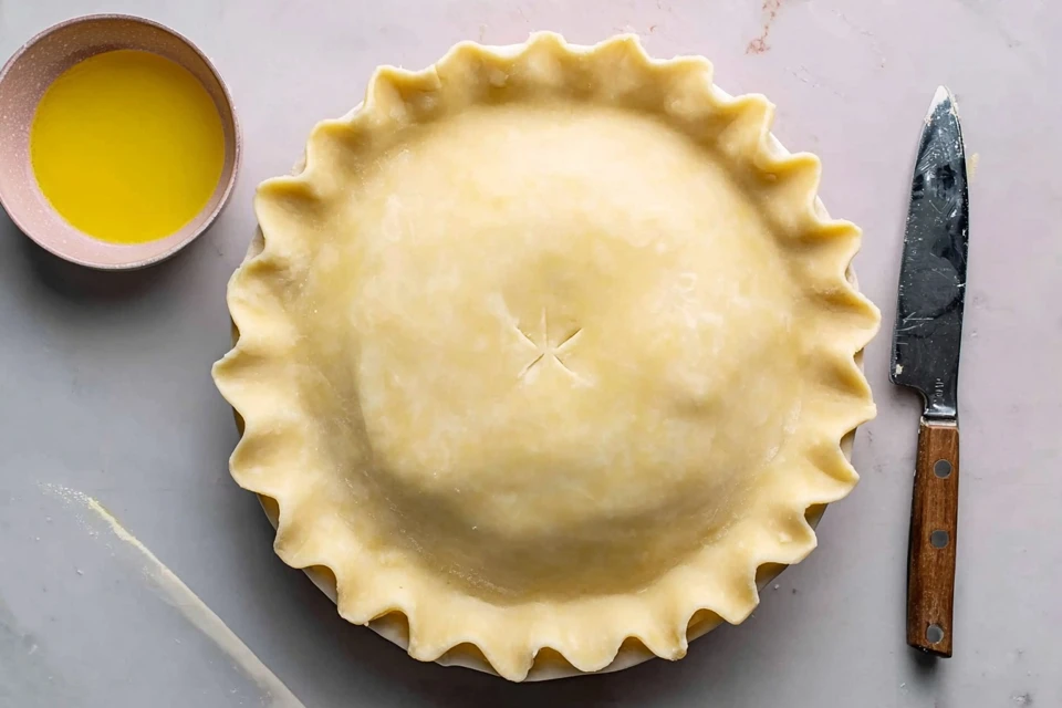 Unbaked chicken pot pie assembled with top crust sealed and vented, ready for baking
