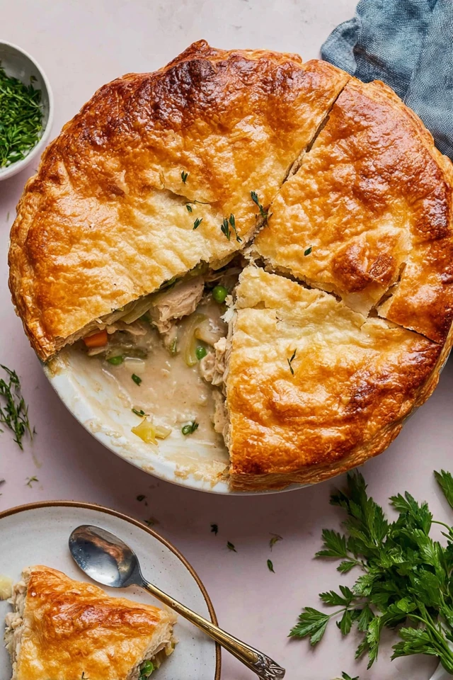 Homemade chicken pot pie with a flaky golden crust, sliced to reveal creamy chicken and vegetable filling