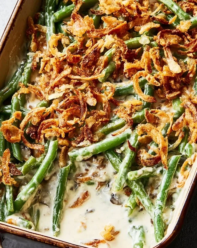 Homemade green bean casserole with creamy sauce, tender green beans, and crispy fried onions in a baking dish.