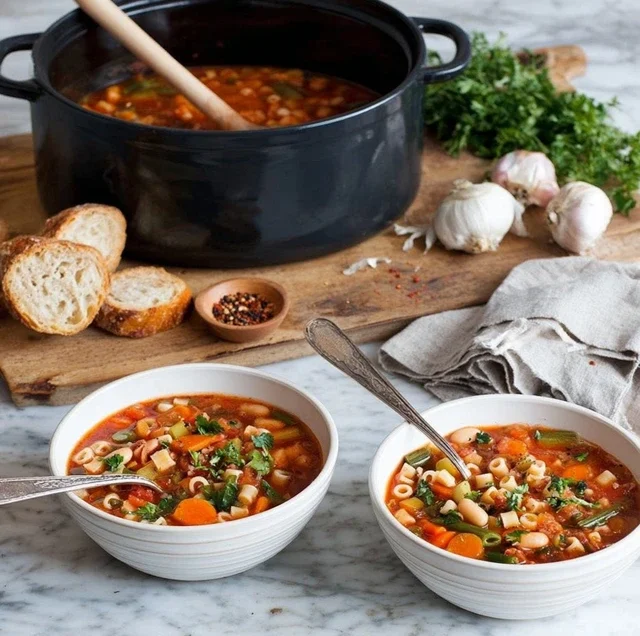 Homemade minestrone soup served in bowls with bread, garlic, and a pot of soup in the background