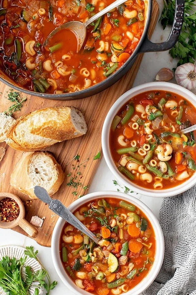 Bowls of homemade minestrone soup with vegetables, beans, and pasta served with crusty bread