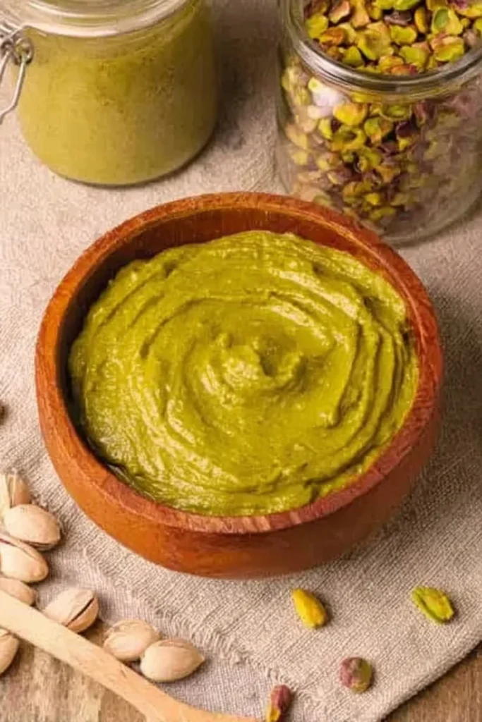 Homemade pistachio butter in a wooden bowl with whole and chopped pistachios