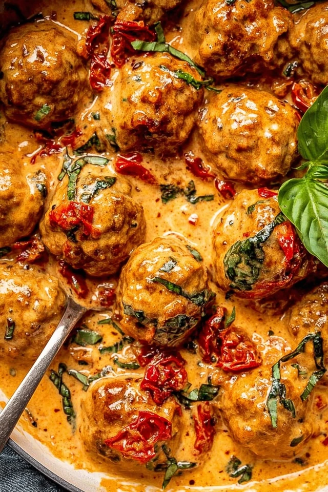 Marry me chicken meatballs simmered in a creamy garlic parmesan sauce with sun-dried tomatoes and fresh basil, shown with a serving spoon
